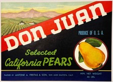 Antique 1940s Don Juan Pears Crate Label 🍐 San Juan Bautista, CA picture