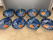 Vintage Japanese Arita Juzan Gama Porcelain Blue W/ Peony Assorted Set of 8 Dish picture