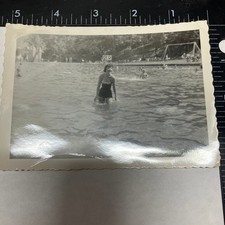 Vintage 1940s Black & White Photo Woman in Swimsuit at Poolside picture