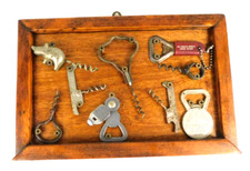 Unique Vtg Corkscrew & Bottle Openers Wooden Display 9 Pces.& Plaque Folk Art picture