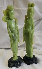 Pair Vintage Faux Green Jade Resin Asian Figures Male & Female Flower Sword   picture