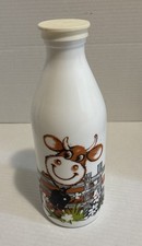 Vintage Milk Juice Bottle w Cap Happy Cow Graphic Cowbell Daisies Fence Egizia picture