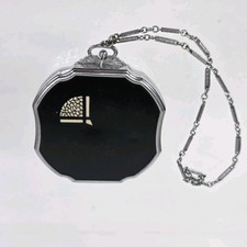 Vtg 1920s Art Deco Octagonal Compact Wristlet Pendant Black Enamel Dance Chain picture