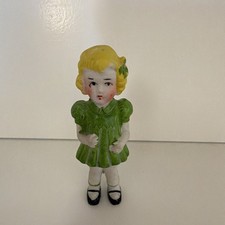 Vintage Bisque Girl Figurine Green Dress Blonde Hair Hand Painted Germany Japan picture