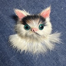 Vintage Fuzzy Calico Cat Refrigerator Magnet Green Eyes Fluffy 2” picture