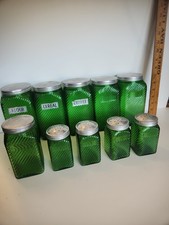 Vintage Owens Illinois Green Canisters Swirl Hoosier Glass Jars -Set of 10  picture
