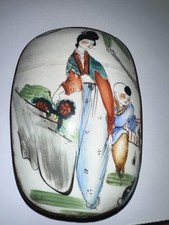 Vintage Chinese Canton Enamel Brass Box Hand Painted Woman Child Figural picture