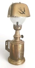 Antique French Oil Brass Lamp L'hirondelle Swallow C 1900 Glass Globe Lampshade picture