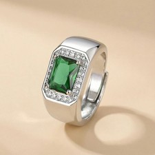 MYKI Men's Green Emerald CZ Signet Ring Silver Stainless Steel Statement Band picture