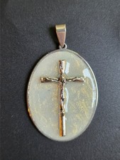 Handmade Resin Crucifix Necklace – Oval Religious Pendant with Pearlescent Glow picture