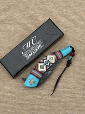 Western Style Pocket Knife Spring Assist Feather Navajo Blue Lanyard Beads picture