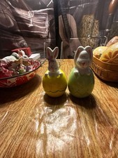 NEW 2015 Jo-Ann Ceramic Easter Bunny Rabbit Egg Salt and Pepper Shakers Set picture
