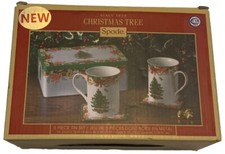 SPODE ENGLAND XMAS TREE 5-PIECE TIN SET MUGS COASTERS ST. NICHOLAS POINSETTIAS picture