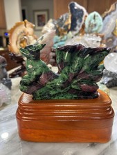 9 Nine Tail Fox Ruby Zoisite carving with custom wood stand UV reactive picture
