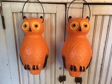 Blow Mold Halloween Orange Hanging Owls Lighted PAIR Union Products 14” picture