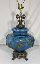 Vintage 1972 Mid Century Blue Optic Glass Globe Table Lamp w/ Applied Bronze picture