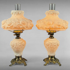 Pair Vintage Fenton Style Cased Glass Puffy Rose GWTW Lamps picture