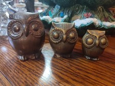 Vintage Mid Century Brass Owl Trio Figurines Small Bird Art Sculpture picture