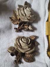 MCM '74 Homco Roses Hollywood Regency Wall Pocket Gold Cream Vintage 2 Pc. 6.5x picture