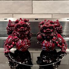 VTG Pair Chinese Foo Dogs Lions Cinnabar Red Heavy Resin Feng Shui Luck Guardian picture