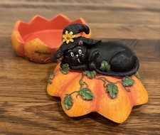 Kathy Hatch Halloween Black Cat Pumpkin Candle Holder Base and Topper 2002 picture