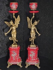 Stunning Pair Candlesticks/ French Art Nouveau Style/ Angels Holding Wreath  picture
