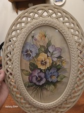 VTG. Homco Cream Oval Faux Rattan Pansy Watercolor Signed Fran Anderson Wall Art picture