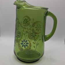 VTG  Avocado Green Glass Pitcher Retro Green Daisies Flower 70’s picture