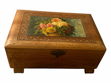 Vintage Wooden Floral Decoupage Keepsake Jewelry Box Footed Rustic Cottagecore picture