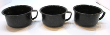 Three Old 1930's Black White Specks Antique Enamelware Cowboy Coffee Cups Mugs picture