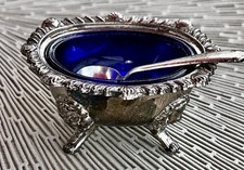 Antique Footed Open Salt Cellar Spoon Cobalt Blue Glass Silver Plate Lions head picture