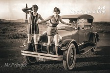 1920s Flapper Woman 💙 Vintage Car - 4x6 Photo - Historic Fashion Photo picture
