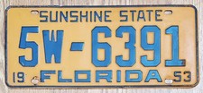 1953 FLORIDA FL LICENSE PLATE TAG # ‘5W-6391’, POLK COUNTY; ANTIQUE, Vintage picture