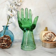 Green Depression Style Glass Hand Ring Holder, Jewelry Box, VTG Style, Retro picture