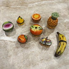 Lot of 8 Limoges Porcelain Fruit-Shaped Hinged Trinket Boxes w/ Metal Trim picture