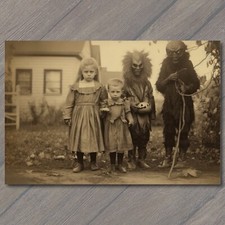 POSTCARD Weird Creepy Vintage Family Halloween Cult House Unusual Masks picture