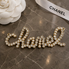 CHANEL Large Flat Sew-On Button Emblem Rhinestone Pearl Gold Tone 85x31mm picture