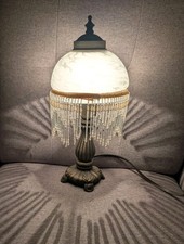 Vintage Victorian Style Beaded Fringe Boudoir Table Lamp Glass *Cracked* 12.5