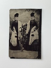 Antique 1800s Tintype Photo 2 Women Fancy Hats Lace Shawls Victorian Fashion picture