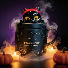 Starbucks Black Devil Cat Ceramic Mug With Lid Matte Coffee Cup Collectible Gift picture