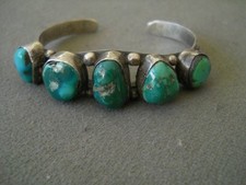 Small Native American Navajo Teal Turquoise Row Sterling Silver Cuff Bracelet picture