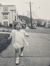 1940s Cute Adorable Little Girl Walking on Street Cars Snapshot Old Photo P19b19 picture