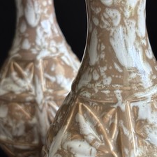 Vtg MCM Tan /White Pair Ceramic Table Lamps Drip Splatter Glaze  (need rewiring) picture