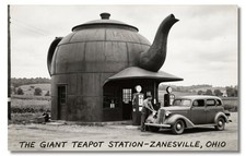 Vintage‑STYLE NEW ART 1930's RPPC-GIANT TEAPOT GAS STATION-ZANESVILLE OHIO-FAUX picture