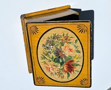 Antique hand-painted toleware tin box floral bouquet/mustard yellow ground 4.75