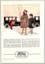 Vintage 1924 Ford Clsoed Cars, Kids, Winter Scene, Car 20's Print Ad picture