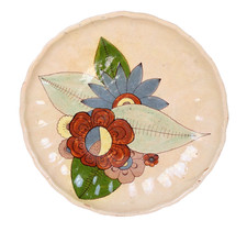 Antique Mexican Tonala Tlaquepaque Ceramic Platter Hand Painted Botanical 12.5 picture