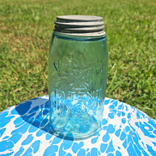 Antique Mason's Maltese Cross Blue Quart Jar Embossed MASONS PATENT NOV 30 1858 picture