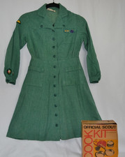 Vintage 40s 50s Girl Scout Official Uniform Dress Green Long Sleeve & Cook Kit picture