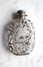 Antique Sterling Silver Art Nouveau Engraved La Pierre Glass Flask Perfume picture